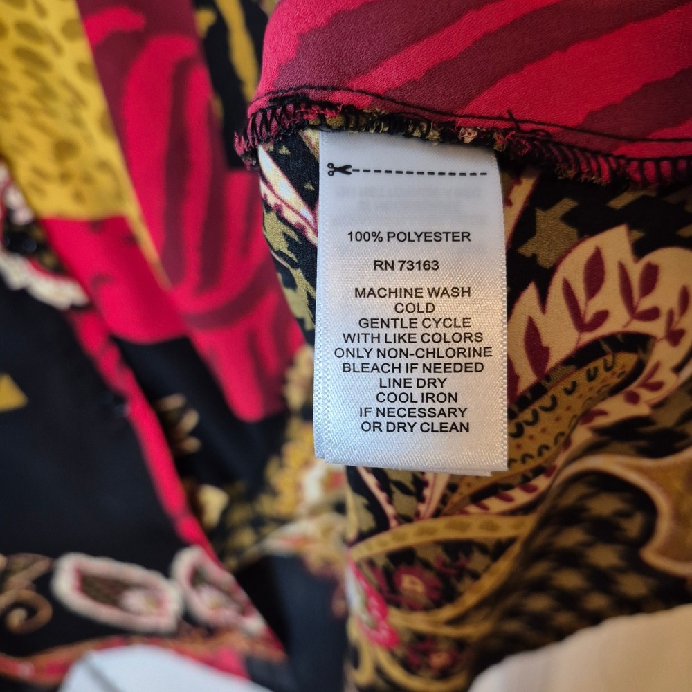 Melissa Paige Patchwork Print Tunic Top Black Red‎ Yellow Roll Tab Sleeve M/L - Picture 5 of 12